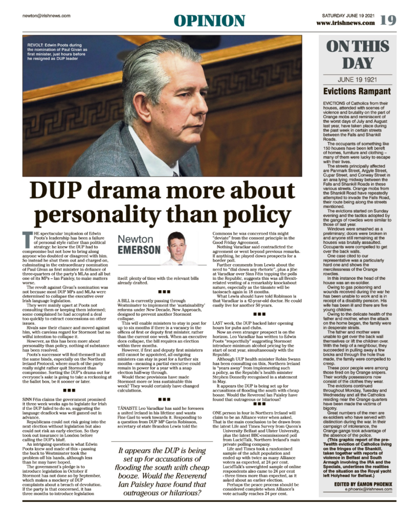 Image shows a thumbnail of a PDF of the Irish News page containing the Eamon Phoenix On This Day column dated 19th June 2021, detailing events reported on 19th June 1921