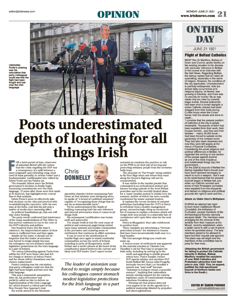 Image shows a thumbnail of a PDF of the Irish News page containing the Eamon Phoenix On This Day column dated 21st June 2021, detailing events reported on 21st June 1921