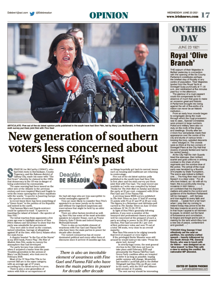 Image shows a thumbnail of a PDF of the Irish News page containing the Eamon Phoenix On This Day column dated 23rd June 2021, detailing events reported on 23rd June 1921