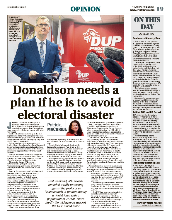 Image shows a thumbnail of a PDF of the Irish News page containing the Eamon Phoenix On This Day column dated 24th June 2021, detailing events reported on 24th June 1971