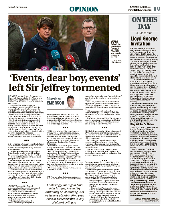 Image shows a thumbnail of a PDF of the Irish News page containing the Eamon Phoenix On This Day column dated 26th June 2021, detailing events reported on 26th June 1921