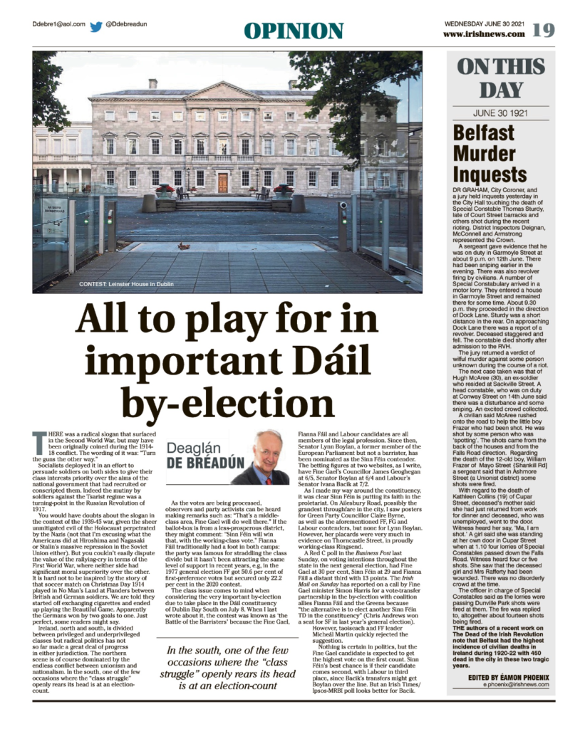 Image shows a thumbnail of a PDF of the Irish News page containing the Eamon Phoenix On This Day column dated 30th June 2021, detailing events reported on 30th June 1921