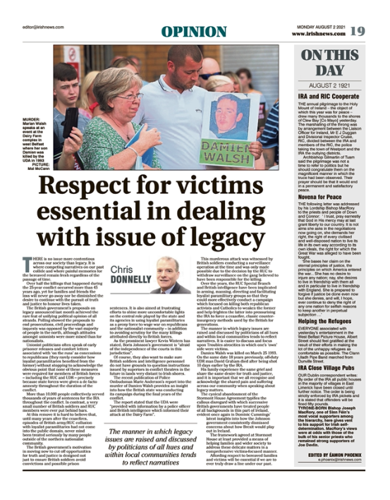 Image shows a thumbnail of a PDF of the Irish News page containing the Eamon Phoenix On This Day column dated 2nd August 2021, detailing events reported on 2nd August 1921