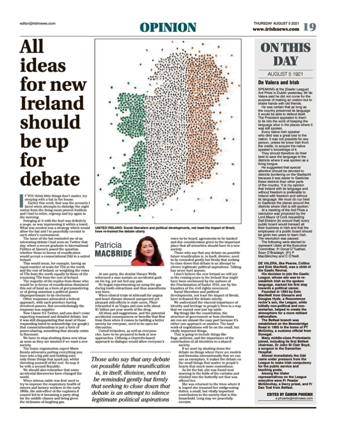 Image shows a thumbnail of a PDF of the Irish News page containing the Eamon Phoenix On This Day column dated 5th August 2021, detailing events reported on 5th August 1921