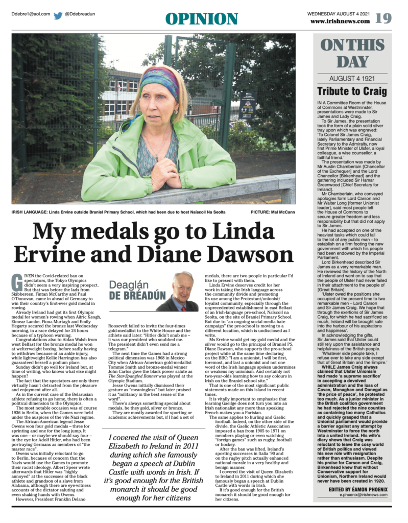 Image shows a thumbnail of a PDF of the Irish News page containing the Eamon Phoenix On This Day column dated 4th August 2021, detailing events reported on 4th August 1921