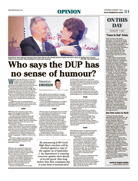 Image shows a thumbnail of a PDF of the Irish News page containing the Eamon Phoenix On This Day column dated 7th August 2021, detailing events reported on 7th August 1921
