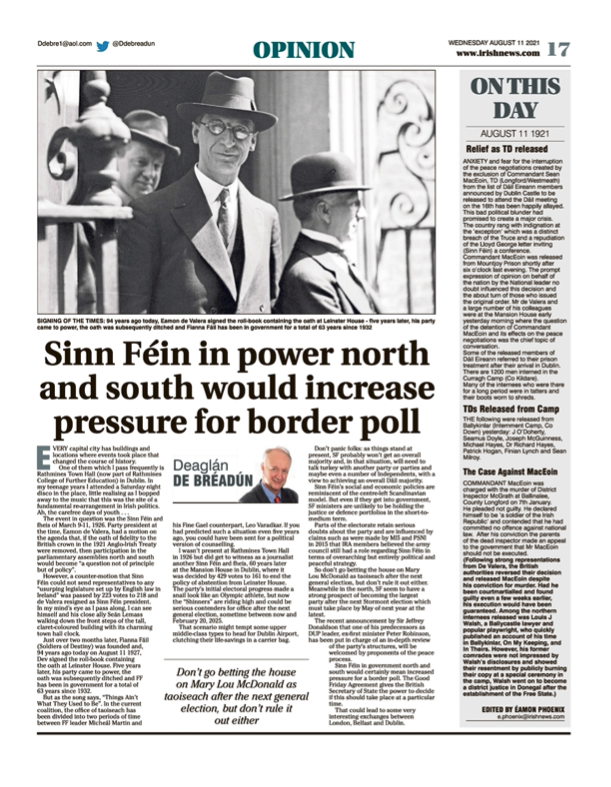 Image shows a thumbnail of a PDF of the Irish News page containing the Eamon Phoenix On This Day column dated 11th August 2021, detailing events reported on 11th August 1921