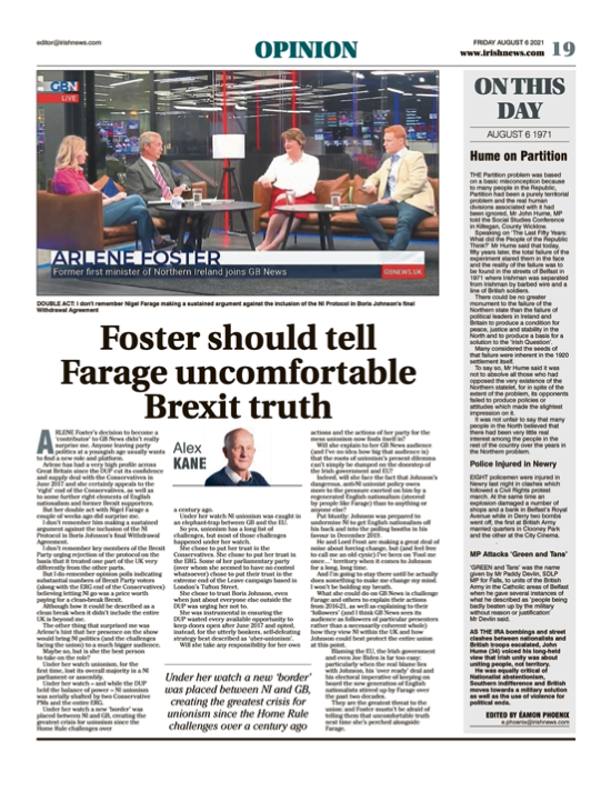 Image shows a thumbnail of a PDF of the Irish News page containing the Eamon Phoenix On This Day column dated 6th August 2021, detailing events reported on 6th August 1971
