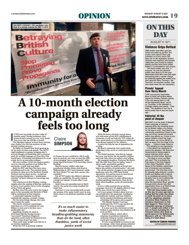 Image shows a thumbnail of a PDF of the Irish News page containing the Eamon Phoenix On This Day column dated 9th August 2021, detailing events reported on 9th August 1971