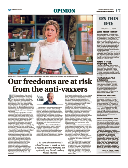 Image shows a thumbnail of a PDF of the Irish News page containing the Eamon Phoenix On This Day column dated 13th August 2021, detailing events reported on 13th August 1971