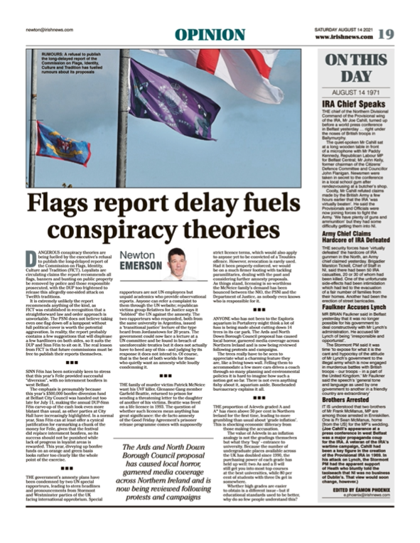 Image shows a thumbnail of a PDF of the Irish News page containing the Eamon Phoenix On This Day column dated 14th August 2021, detailing events reported on 14th August 1971