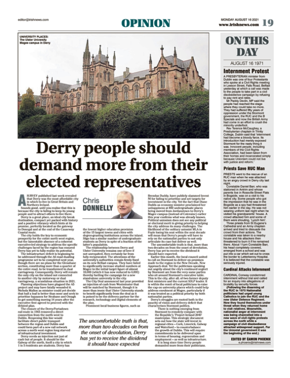 Image shows a thumbnail of a PDF of the Irish News page containing the Eamon Phoenix On This Day column dated 16th August 2021, detailing events reported on 16th August 1971