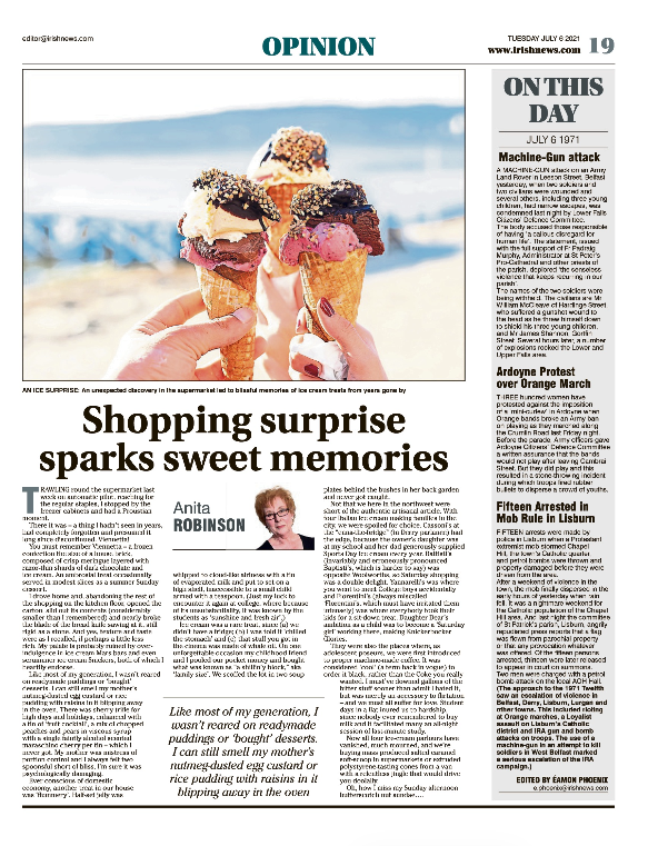 Image shows a thumbnail of a PDF of the Irish News page containing the Eamon Phoenix On This Day column dated 6th July 2021, detailing events reported on 6th July 1971
