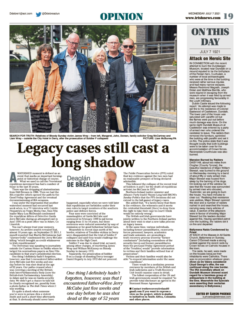 Image shows a thumbnail of a PDF of the Irish News page containing the Eamon Phoenix On This Day column dated 7th July 2021, detailing events reported on 7th July 1921