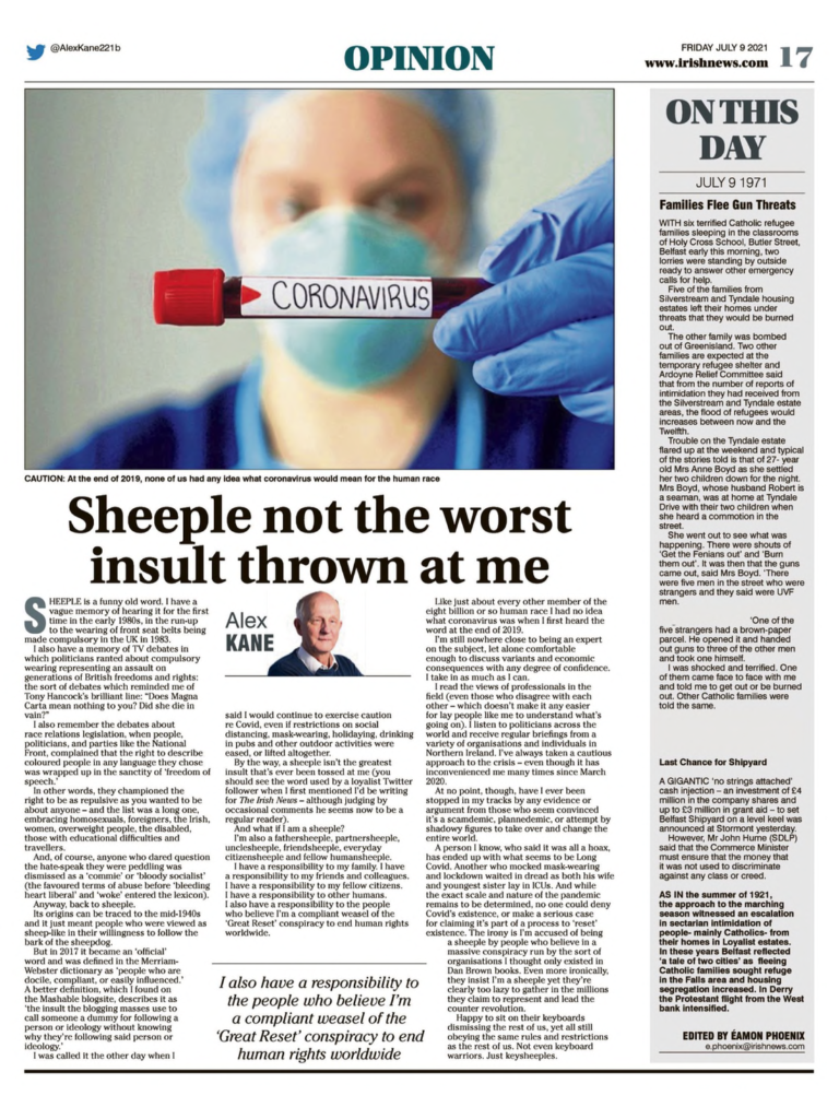Image shows a thumbnail of a PDF of the Irish News page containing the Eamon Phoenix On This Day column dated 9th July 2021, detailing events reported on 9th July 1971