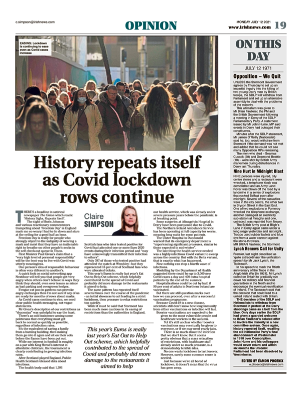 Image shows a thumbnail of a PDF of the Irish News page containing the Eamon Phoenix On This Day column dated 12th July 2021, detailing events reported on 12th July 1971