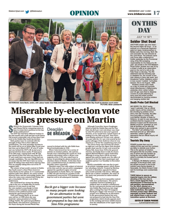 Image shows a thumbnail of a PDF of the Irish News page containing the Eamon Phoenix On This Day column dated 14th July 2021, detailing events reported on 14th July 1971
