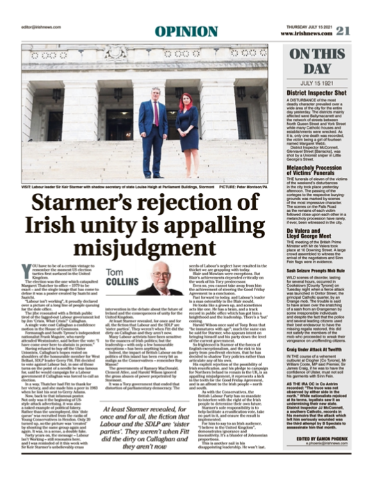 Image shows a thumbnail of a PDF of the Irish News page containing the Eamon Phoenix On This Day column dated 15th July 2021, detailing events reported on 15th July 1921