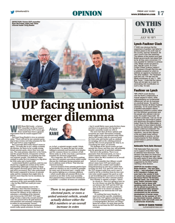 Image shows a thumbnail of a PDF of the Irish News page containing the Eamon Phoenix On This Day column dated 16th July 2021, detailing events reported on 16th July 1971