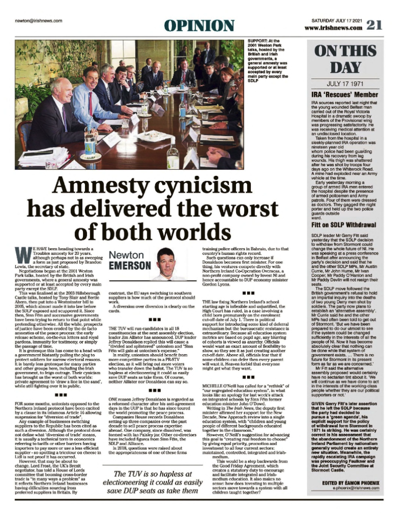 Image shows a thumbnail of a PDF of the Irish News page containing the Eamon Phoenix On This Day column dated 17th July 2021, detailing events reported on 17th July 1971