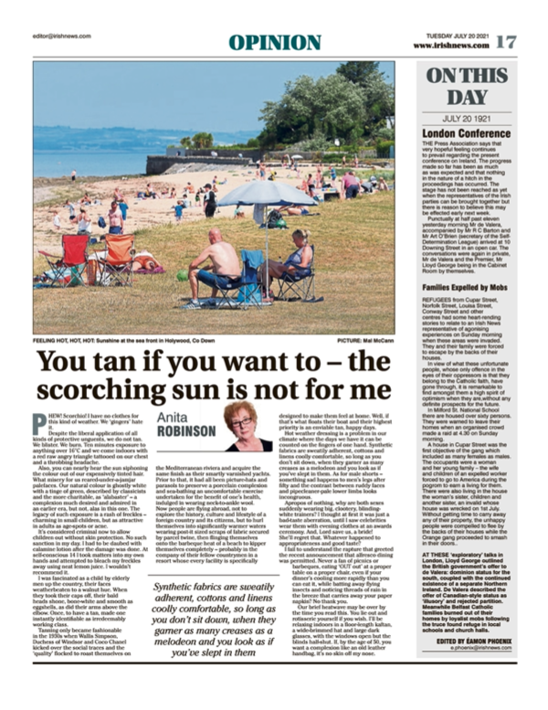 Image shows a thumbnail of a PDF of the Irish News page containing the Eamon Phoenix On This Day column dated 20th July 2021, detailing events reported on 20th July 1921