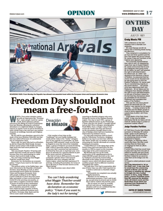 Image shows a thumbnail of a PDF of the Irish News page containing the Eamon Phoenix On This Day column dated 21st July 2021, detailing events reported on 21st July 1921