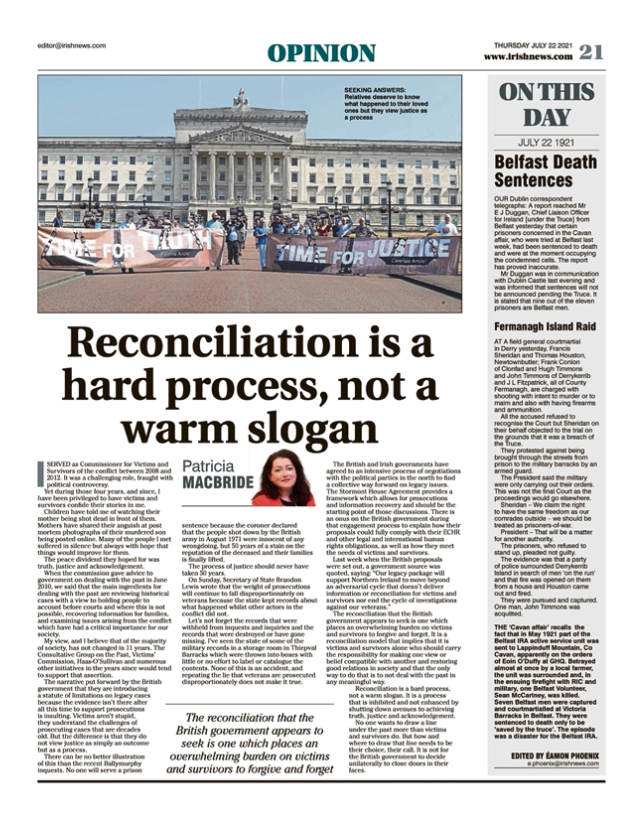 Image shows a thumbnail of a PDF of the Irish News page containing the Eamon Phoenix On This Day column dated 22nd July 2021, detailing events reported on 22nd July 1921