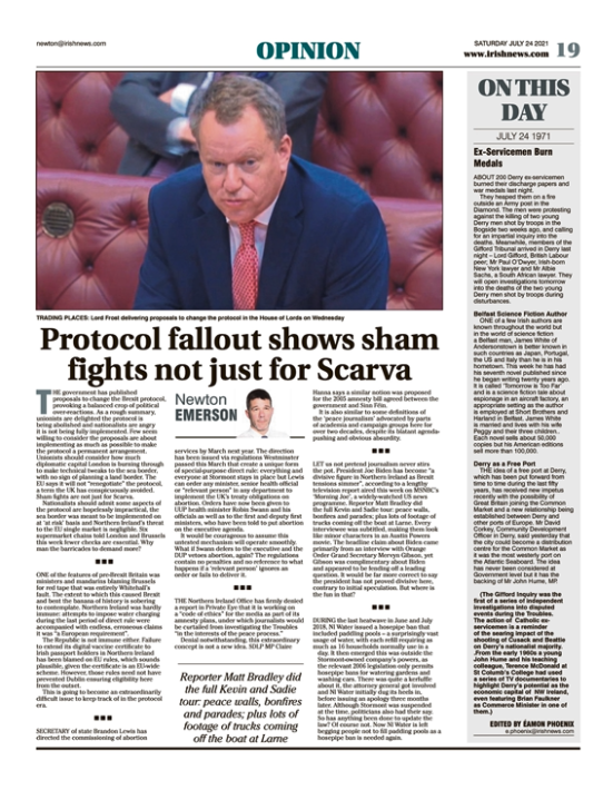 Image shows a thumbnail of a PDF of the Irish News page containing the Eamon Phoenix On This Day column dated 24th July 2021, detailing events reported on 24th July 1971