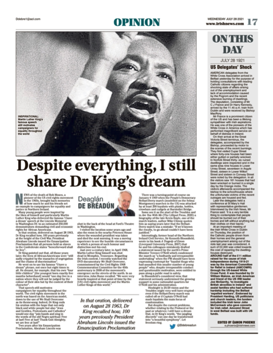Image shows a thumbnail of a PDF of the Irish News page containing the Eamon Phoenix On This Day column dated 28th July 2021, detailing events reported on 28th July 1921