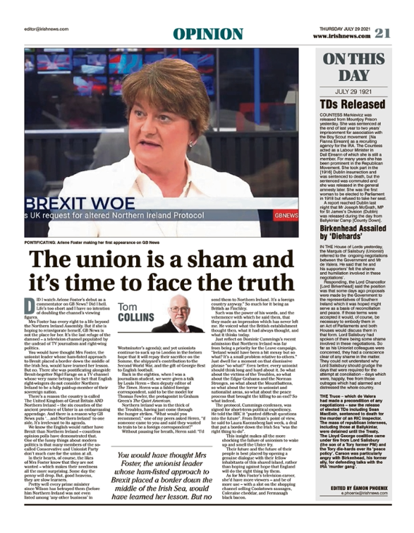 Image shows a thumbnail of a PDF of the Irish News page containing the Eamon Phoenix On This Day column dated 29th July 2021, detailing events reported on 29th July 1921