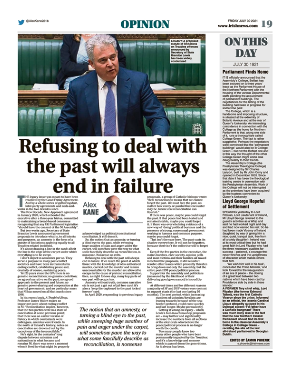 Image shows a thumbnail of a PDF of the Irish News page containing the Eamon Phoenix On This Day column dated 30th July 2021, detailing events reported on 30th July 1921