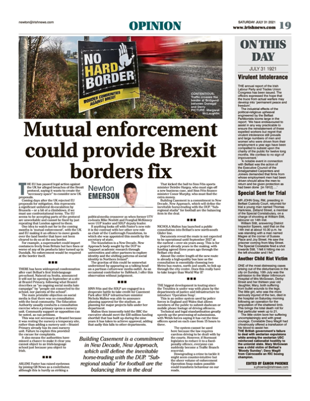 Image shows a thumbnail of a PDF of the Irish News page containing the Eamon Phoenix On This Day column dated 31st July 2021, detailing events reported on 31st July 1921