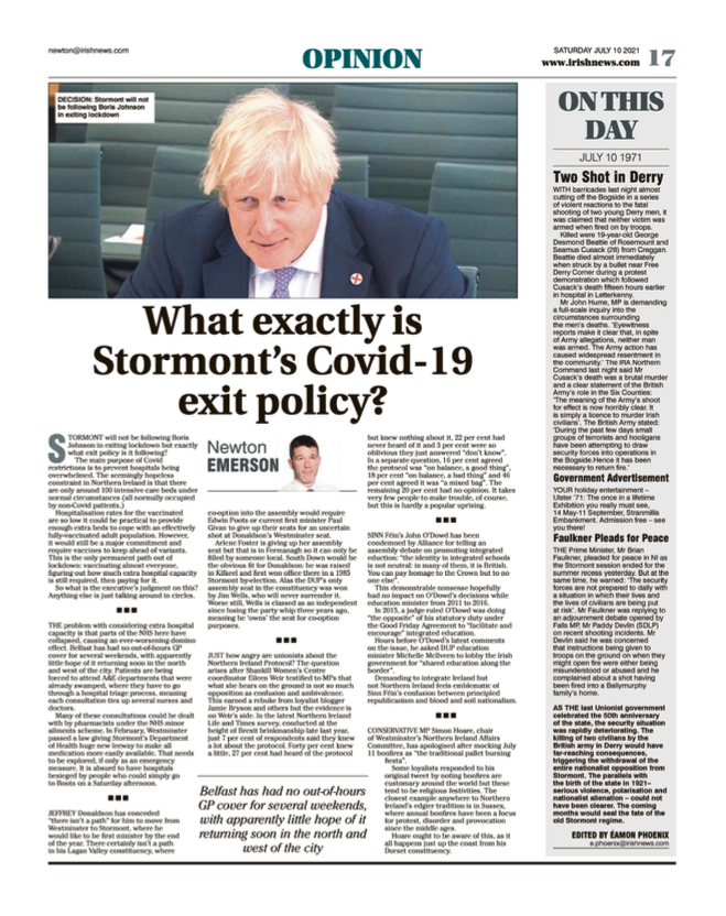 Image shows a thumbnail of a PDF of the Irish News page containing the Eamon Phoenix On This Day column dated 10th July 2021, detailing events reported on 10th July 1971