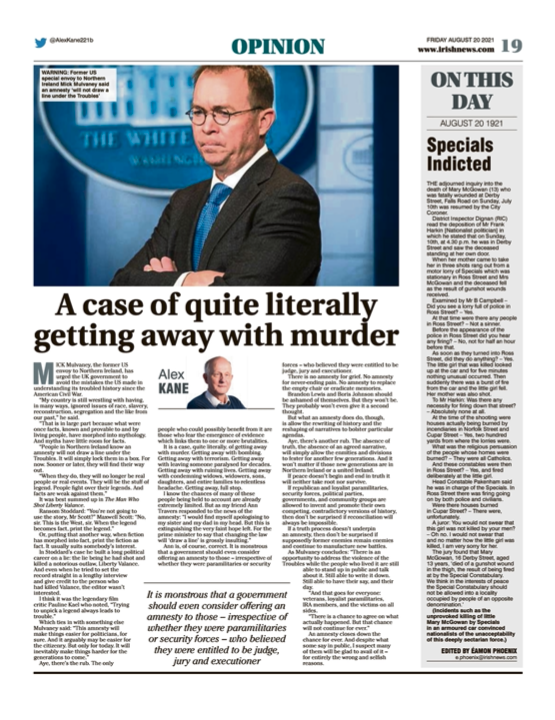 Image shows a thumbnail of a PDF of the Irish News page containing the Eamon Phoenix On This Day column dated 20th August 2021, detailing events reported on 20th August 1921