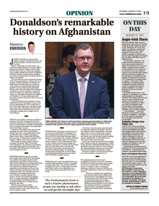 Image shows a thumbnail of a PDF of the Irish News page containing the Eamon Phoenix On This Day column dated 21st August 2021, detailing events reported on 21st August 1971
