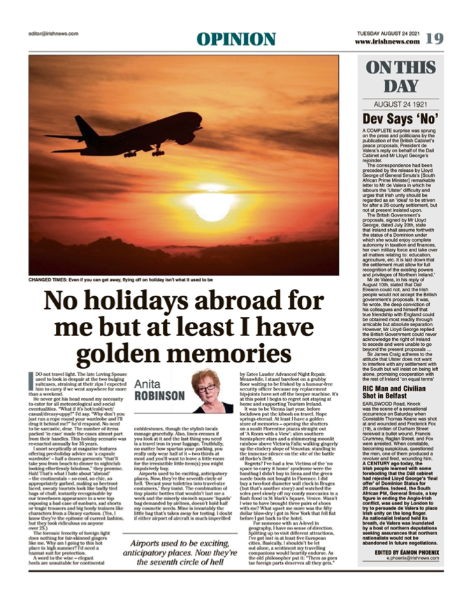 Image shows a thumbnail of a PDF of the Irish News page containing the Eamon Phoenix On This Day column dated 24th August 2021, detailing events reported on 24th August 1921