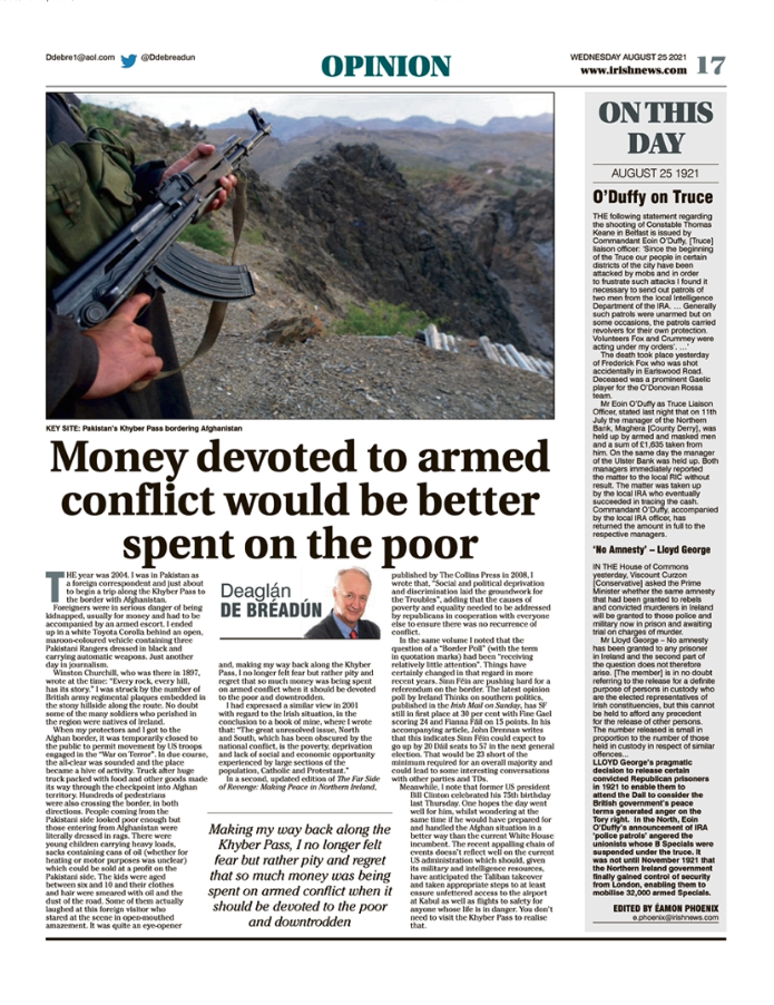 Image shows a thumbnail of a PDF of the Irish News page containing the Eamon Phoenix On This Day column dated 25th August 2021, detailing events reported on 25th August 1921
