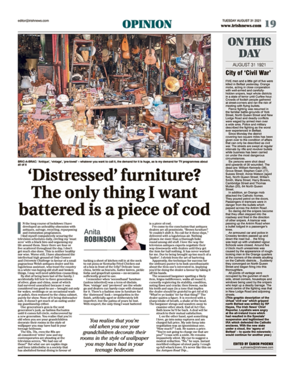 Image shows a thumbnail of a PDF of the Irish News page containing the Eamon Phoenix On This Day column dated 31st August 2021, detailing events reported on 31st August 1921