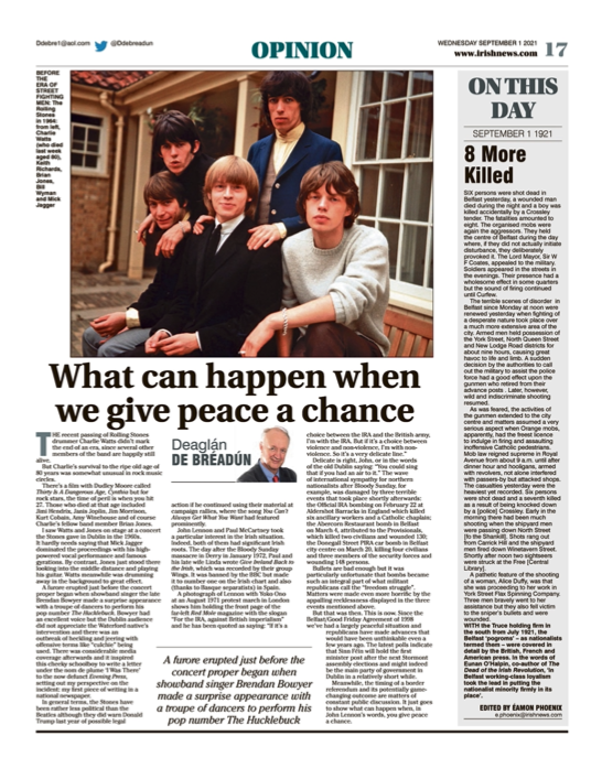 Image shows a thumbnail of a PDF of the Irish News page containing the Eamon Phoenix On This Day column dated 1st September 2021, detailing events reported on 1st September 1921