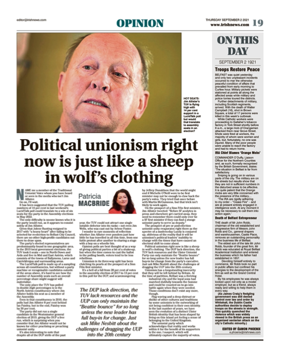 Image shows a thumbnail of a PDF of the Irish News page containing the Eamon Phoenix On This Day column dated 2nd September 2021, detailing events reported on 2nd September 1921
