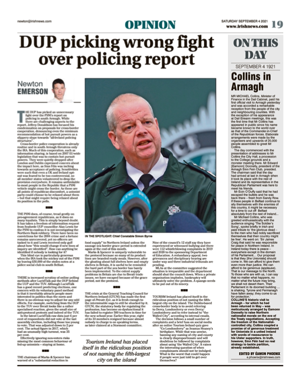 Image shows a thumbnail of a PDF of the Irish News page containing the Eamon Phoenix On This Day column dated 4th September 2021, detailing events reported on 4th September 1921