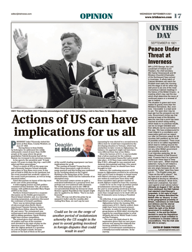 Image shows a thumbnail of a PDF of the Irish News page containing the Eamon Phoenix On This Day column dated 8th September 2021, detailing events reported on 8th September 1921