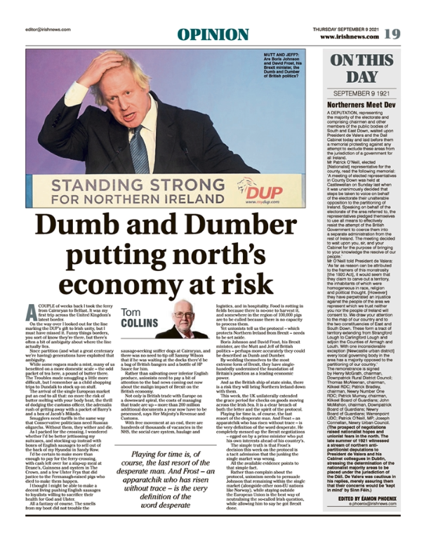 Image shows a thumbnail of a PDF of the Irish News page containing the Eamon Phoenix On This Day column dated 9th September 2021, detailing events reported on 9th September 1921