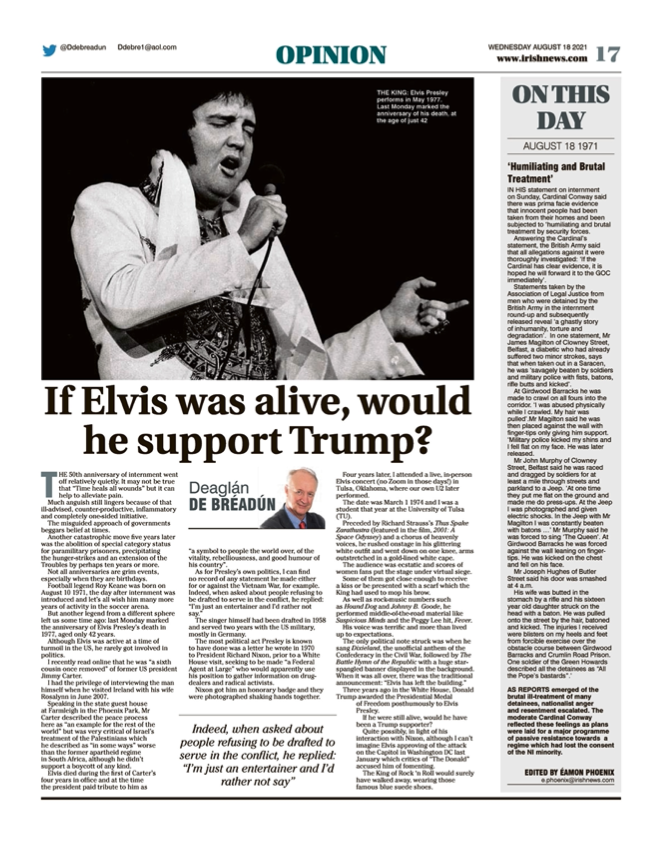Image shows a thumbnail of a PDF of the Irish News page containing the Eamon Phoenix On This Day column dated 18th August 2021, detailing events reported on 18th August 1971