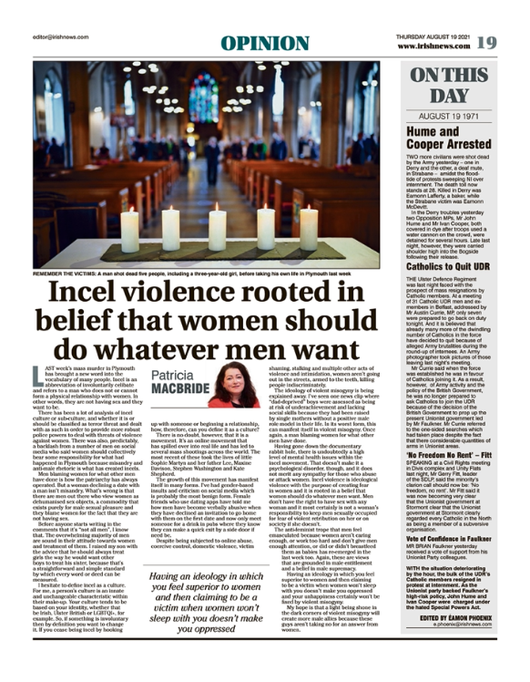 Image shows a thumbnail of a PDF of the Irish News page containing the Eamon Phoenix On This Day column dated 19th August 2021, detailing events reported on 19th August 1971