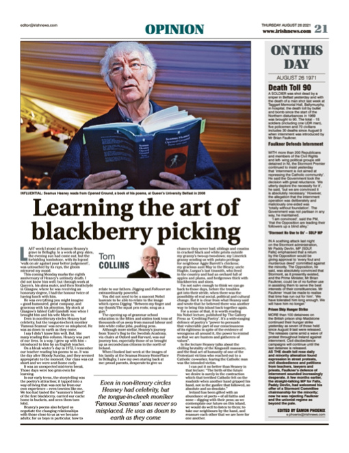 Image shows a thumbnail of a PDF of the Irish News page containing the Eamon Phoenix On This Day column dated 26th August 2021, detailing events reported on 26th August 1971