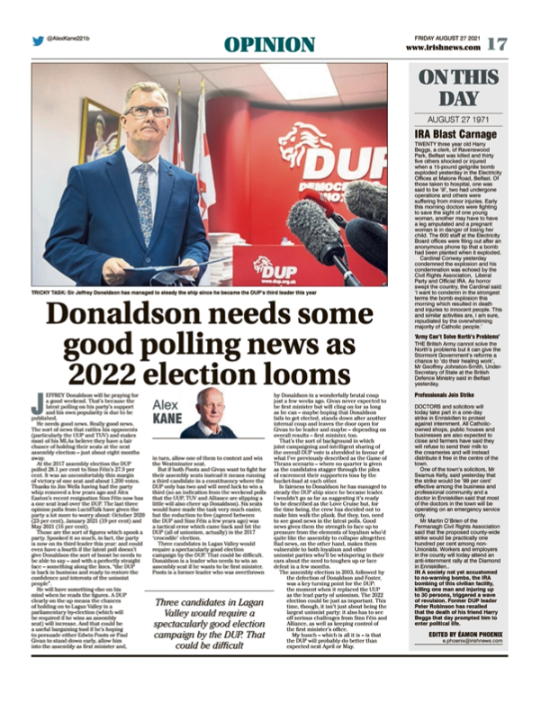 Image shows a thumbnail of a PDF of the Irish News page containing the Eamon Phoenix On This Day column dated 27th August 2021, detailing events reported on 27th August 1971