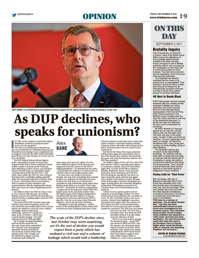 Image shows a thumbnail of a PDF of the Irish News page containing the Eamon Phoenix On This Day column dated 3rd September 2021, detailing events reported on 3rd September 1971
