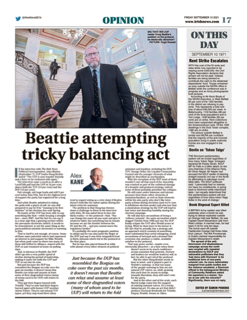 Image shows a thumbnail of a PDF of the Irish News page containing the Eamon Phoenix On This Day column dated 10th September 2021, detailing events reported on 10th September 1971