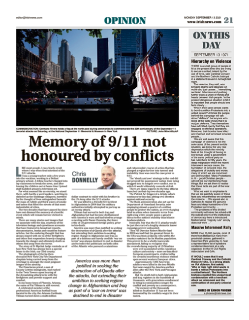Image shows a thumbnail of a PDF of the Irish News page containing the Eamon Phoenix On This Day column dated 13th September 2021, detailing events reported on 13th September 1971